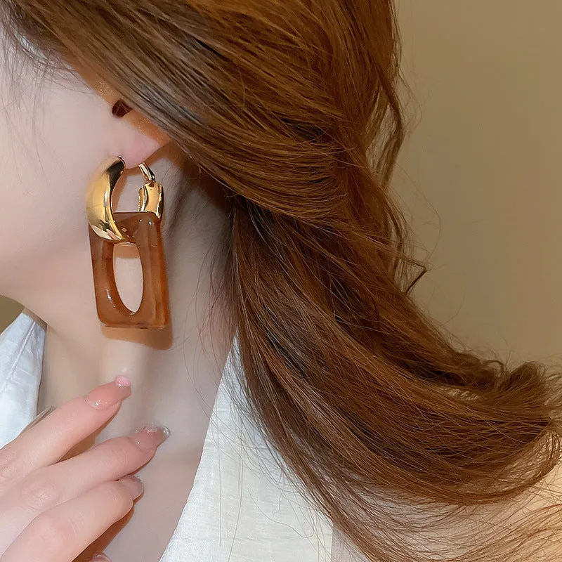 Gold Brown Resin Geometric Drop Earrings