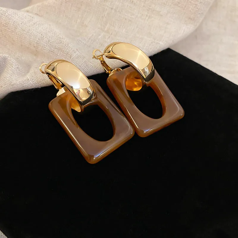 Gold Brown Resin Geometric Drop Earrings