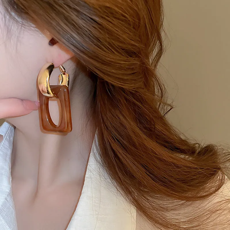 Gold Brown Resin Geometric Drop Earrings
