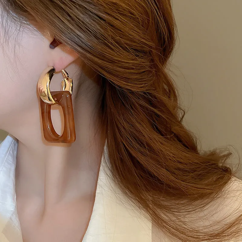 Gold Brown Resin Geometric Drop Earrings
