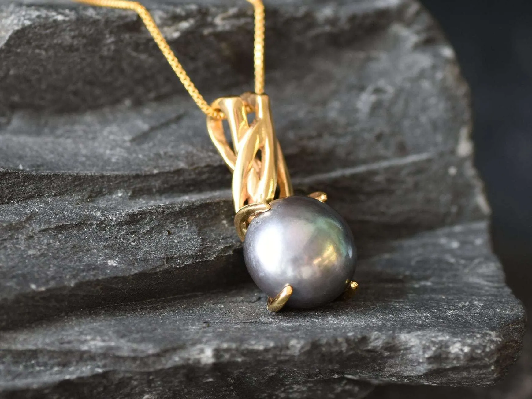 Gold Pearl Pendant - Natural Pearl Necklace, Black Pearl Necklace,