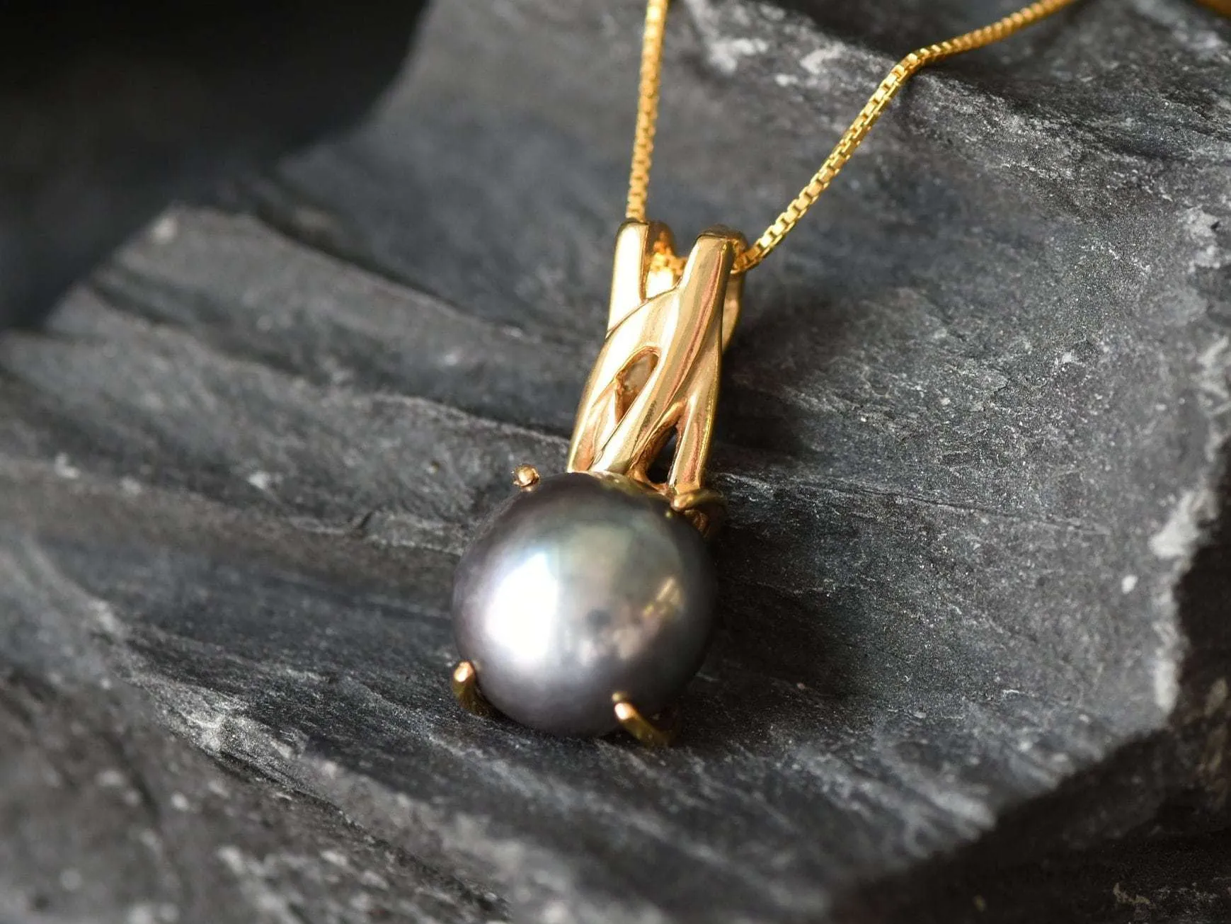 Gold Pearl Pendant - Natural Pearl Necklace, Black Pearl Necklace,