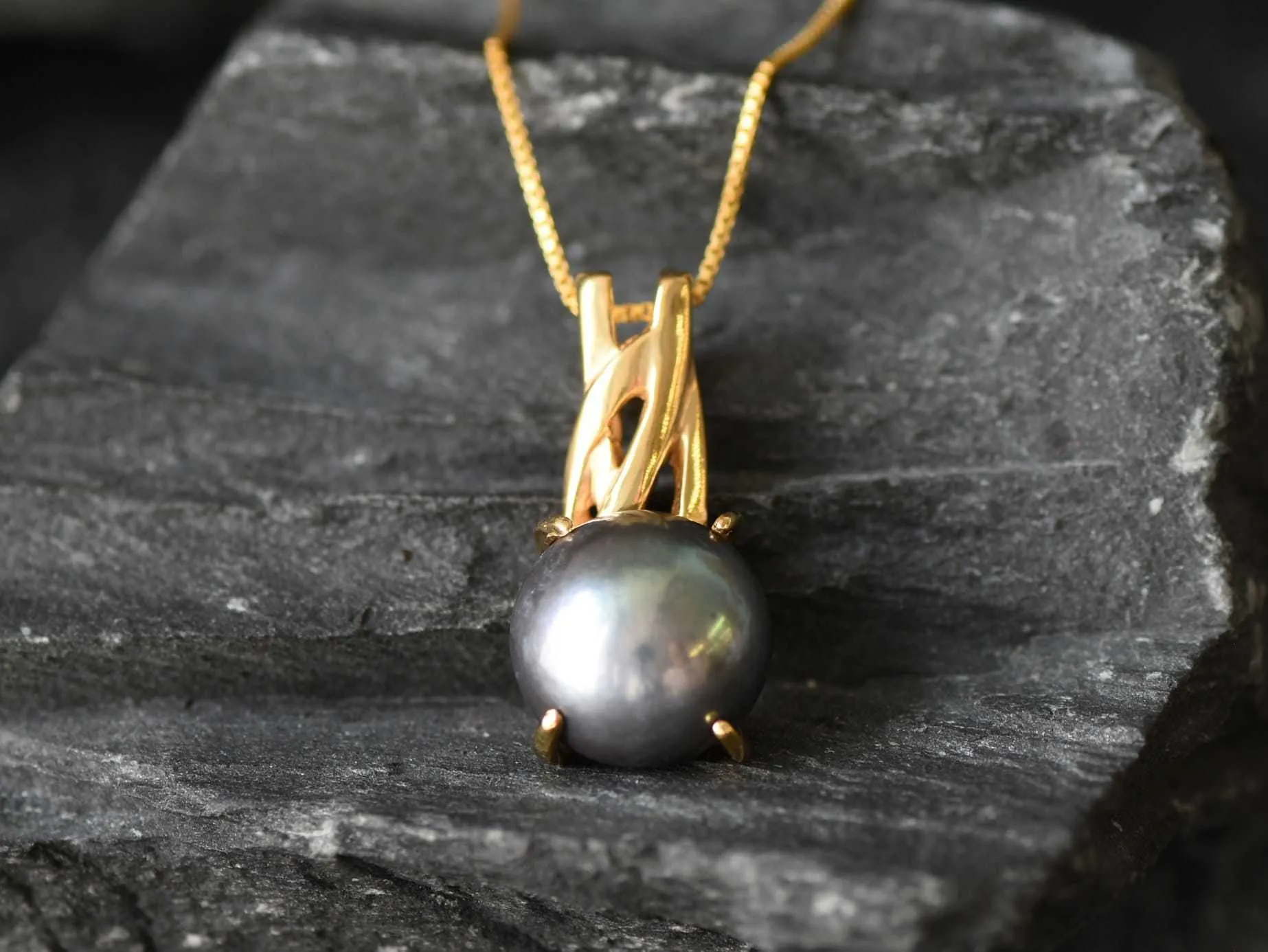 Gold Pearl Pendant - Natural Pearl Necklace, Black Pearl Necklace,