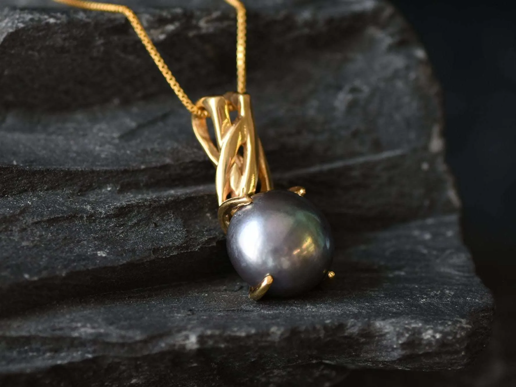Gold Pearl Pendant - Natural Pearl Necklace, Black Pearl Necklace,