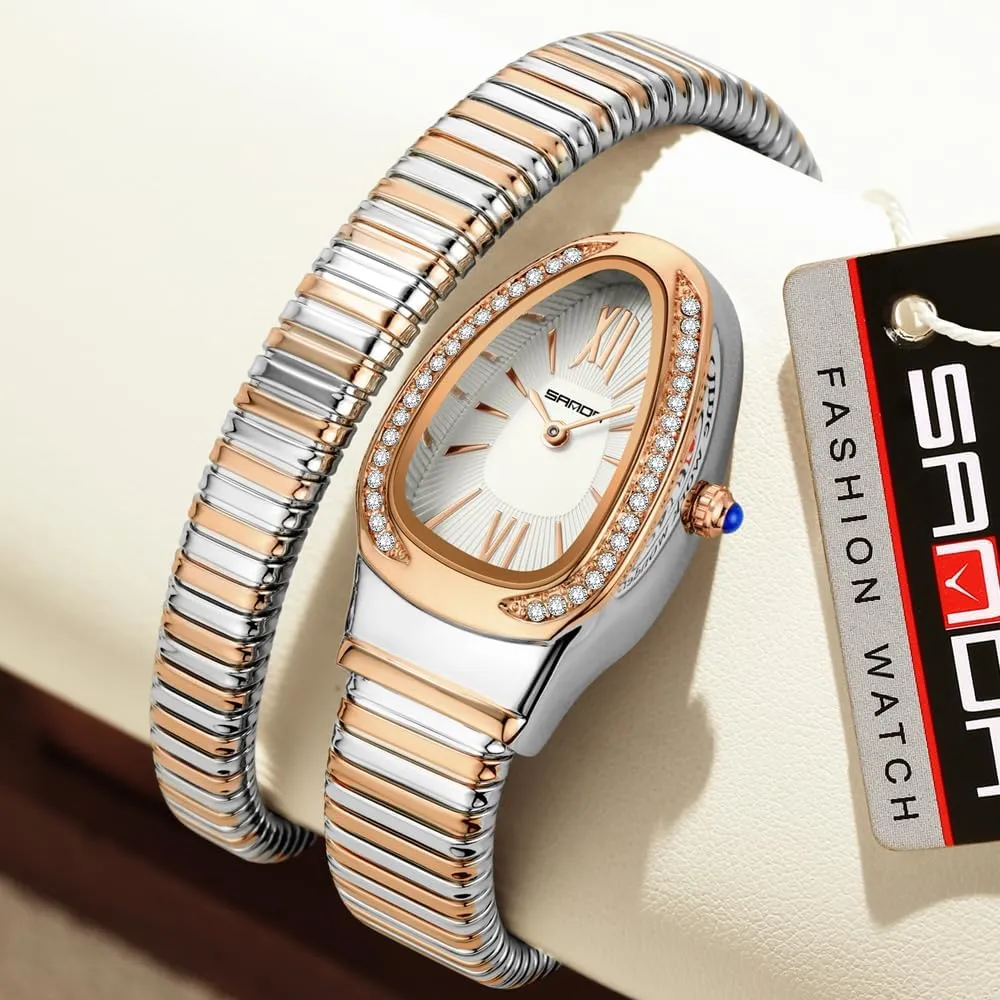 Gosasa Stylish Women's Snake Shape Bangle Watch Unique Design Snake Coil Elegant Dress Diamond Bracelet Ladies Quartz Wristwatch with Roman Numerals Dial