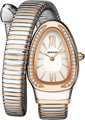 Gosasa Stylish Women's Snake Shape Bangle Watch Unique Design Snake Coil Elegant Dress Diamond Bracelet Ladies Quartz Wristwatch with Roman Numerals Dial