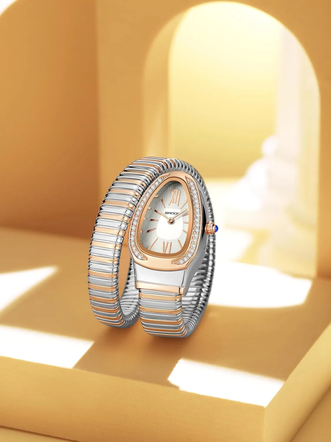 Gosasa Stylish Women's Snake Shape Bangle Watch Unique Design Snake Coil Elegant Dress Diamond Bracelet Ladies Quartz Wristwatch with Roman Numerals Dial