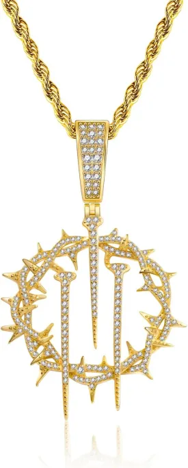 HELLOICE Crown Of Thorns with Cross Nails Pendant Iced Out Necklace for Women and Men 18K Gold Plated 5A CZ Necklace
