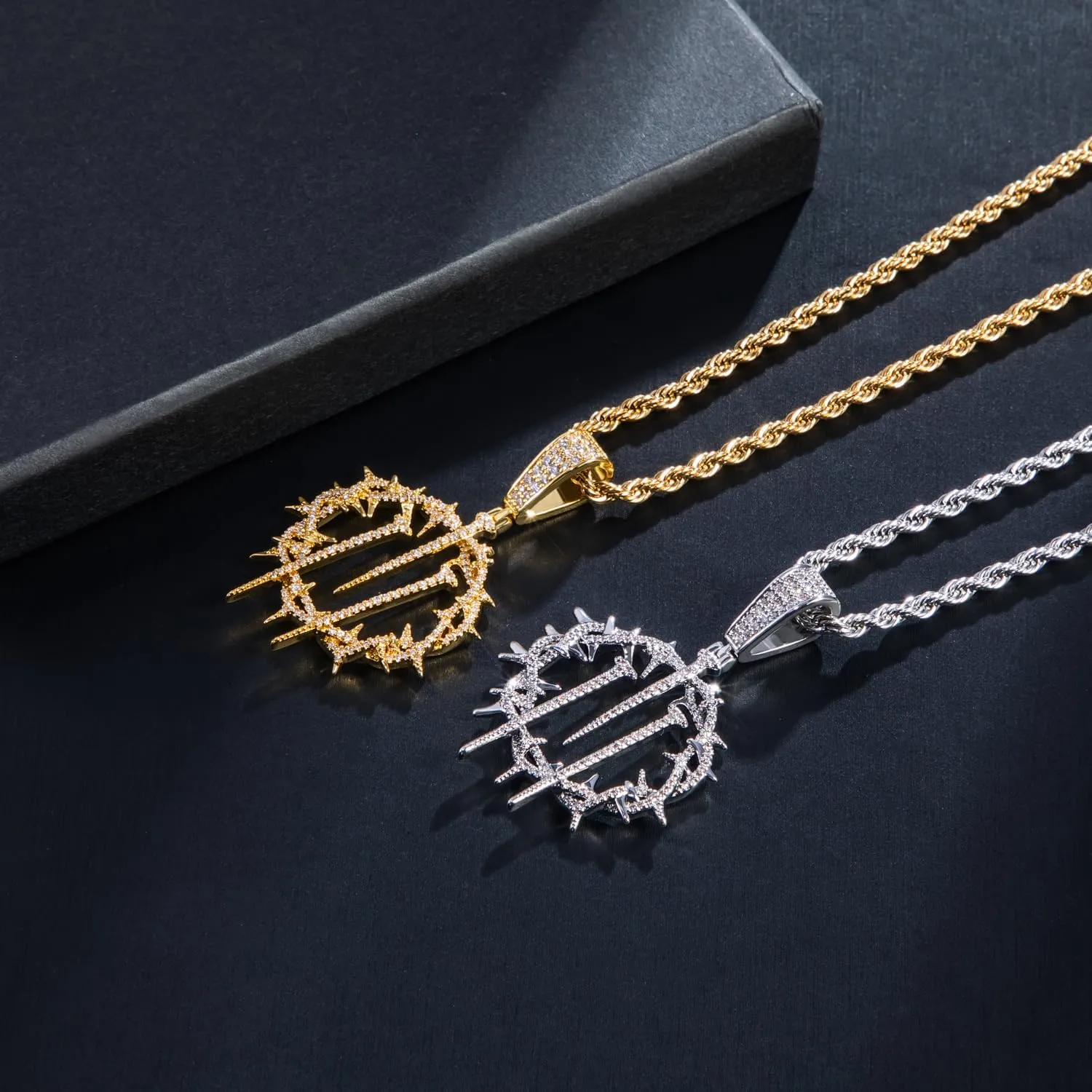HELLOICE Crown Of Thorns with Cross Nails Pendant Iced Out Necklace for Women and Men 18K Gold Plated 5A CZ Necklace