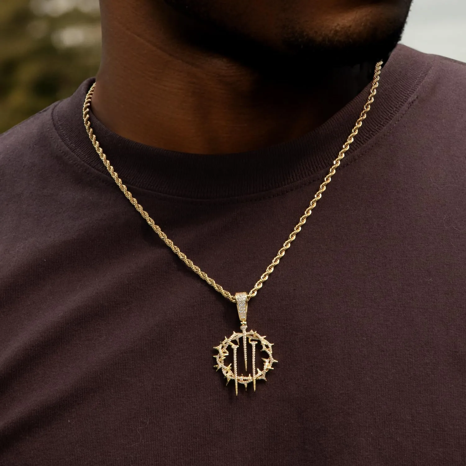 HELLOICE Crown Of Thorns with Cross Nails Pendant Iced Out Necklace for Women and Men 18K Gold Plated 5A CZ Necklace