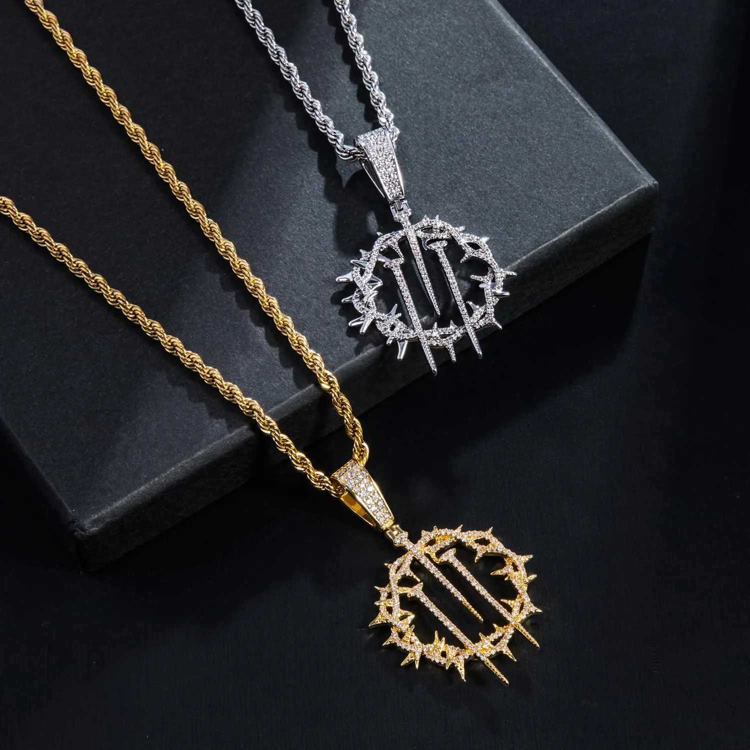 HELLOICE Crown Of Thorns with Cross Nails Pendant Iced Out Necklace for Women and Men 18K Gold Plated 5A CZ Necklace