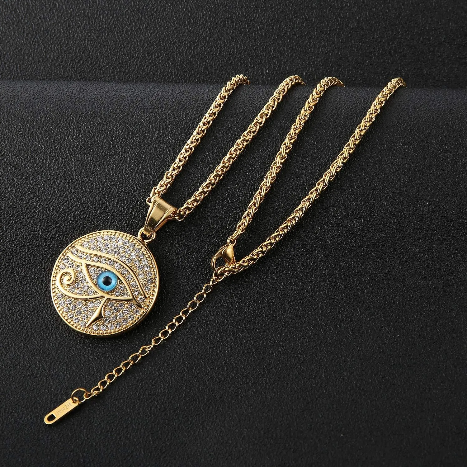 HZMAN 18k Gold Plated Eye of Horus Necklace Eye of Ra Egypt Protection Dog Tag Pendant Stainless Steel Necklace Jewelry Gift