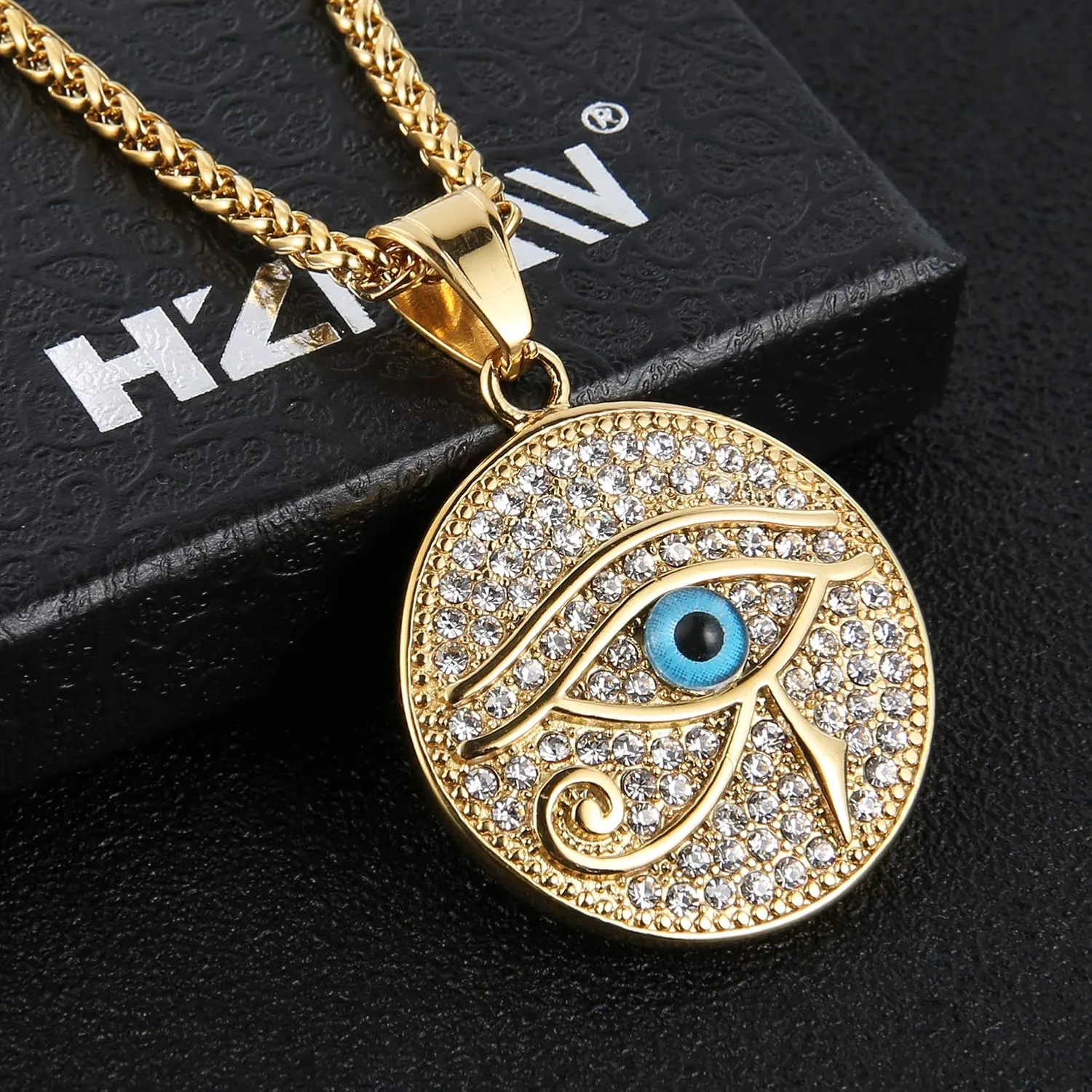 HZMAN 18k Gold Plated Eye of Horus Necklace Eye of Ra Egypt Protection Dog Tag Pendant Stainless Steel Necklace Jewelry Gift