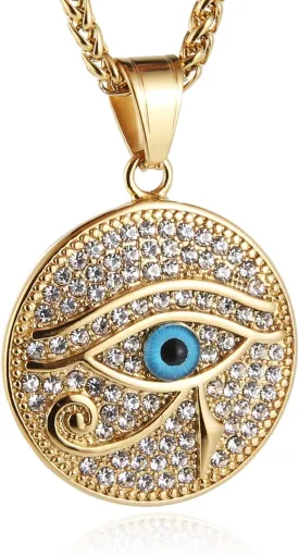 HZMAN 18k Gold Plated Eye of Horus Necklace Eye of Ra Egypt Protection Dog Tag Pendant Stainless Steel Necklace Jewelry Gift
