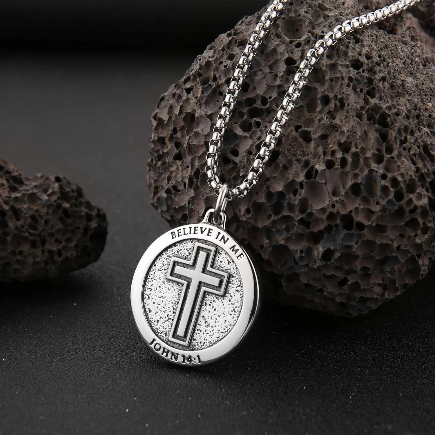 HZMAN Bible Verse Necklace for Men Women Stainless Steel Inspirational Verse Cross Round Pendant Jewelry Gift