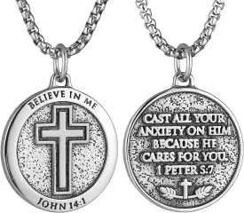HZMAN Bible Verse Necklace for Men Women Stainless Steel Inspirational Verse Cross Round Pendant Jewelry Gift
