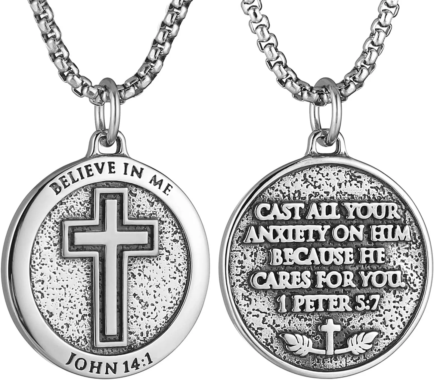 HZMAN Bible Verse Necklace for Men Women Stainless Steel Inspirational Verse Cross Round Pendant Jewelry Gift