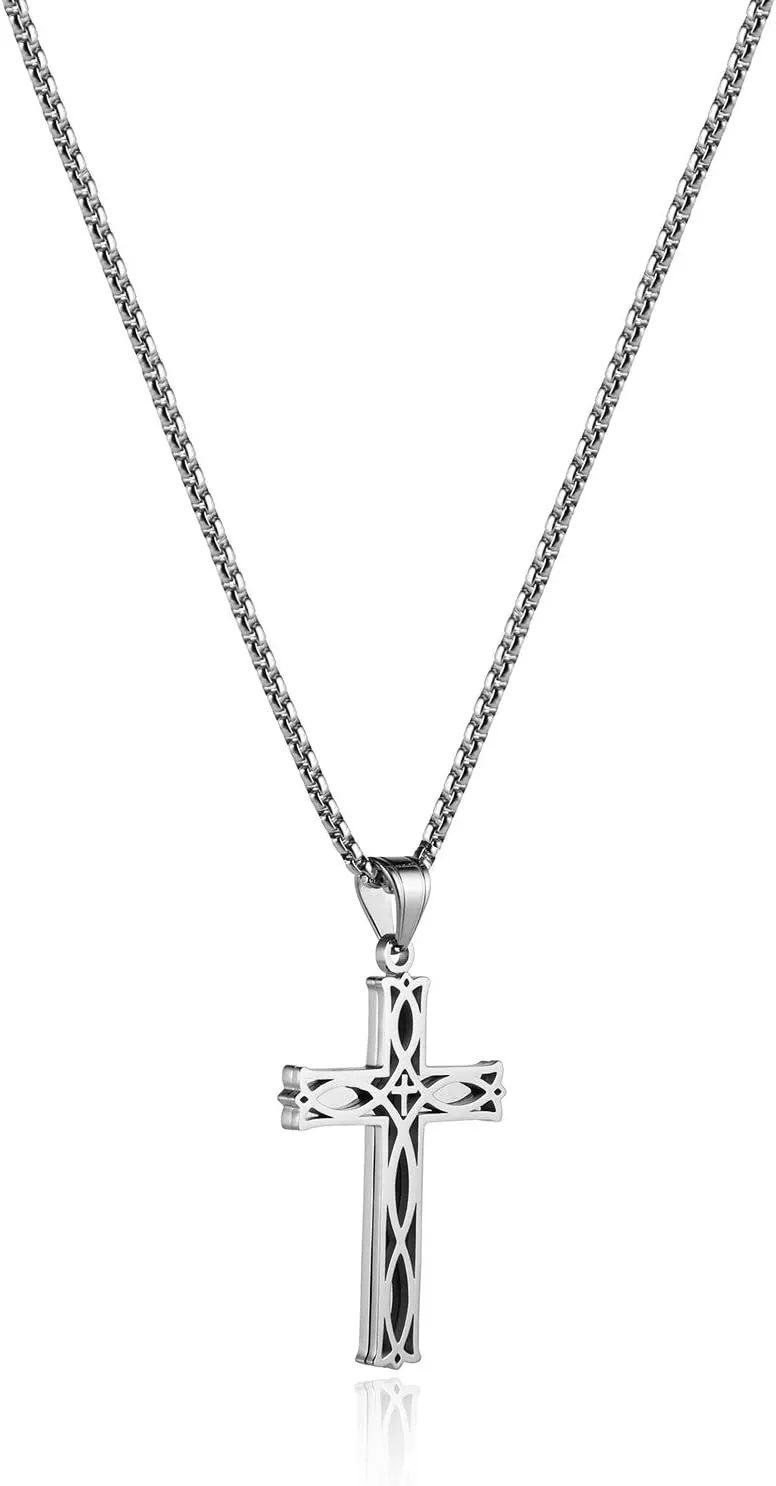 HZMAN Men's Stainless Steel Infinity Celtic Cross Irish Knot Pendant Necklace, 22 2" Link Chain