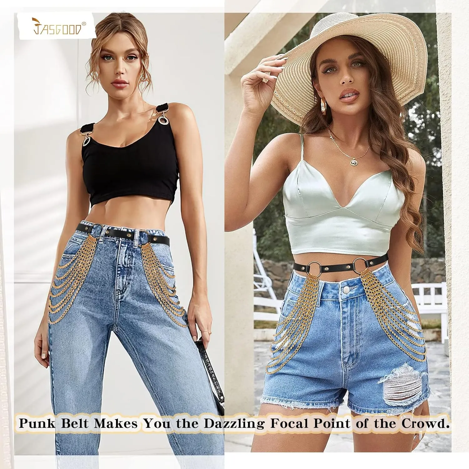 JASGOOD Punk Waist Chain Belt Black Leather Layered Belly Body Waist Chains Nightclub Rave Body Chain Belt for Women Girls