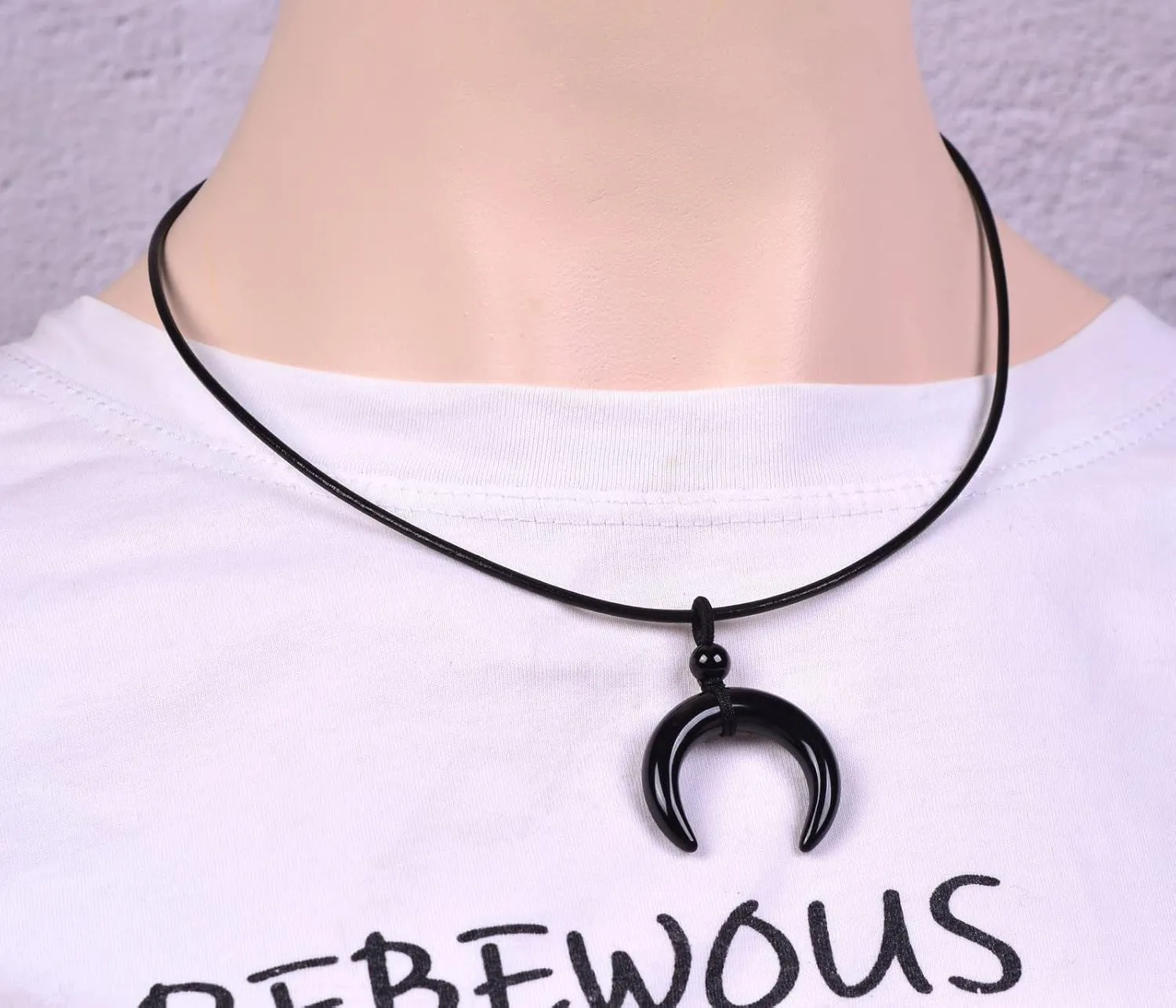 Justinstones Gemstone Crescent Moon Shape Double Horn Chakra Reiki Pendant Genuine Leather Necklace 18 Inch