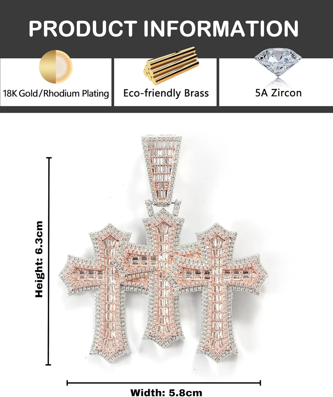 LuxeFlex Iced Out Baguette Diamond Cross Pendant, 14K Gold Plated Religious Three Stacked up Gothic Cross Necklace, Hip-Hop Jewelry for Men Women
