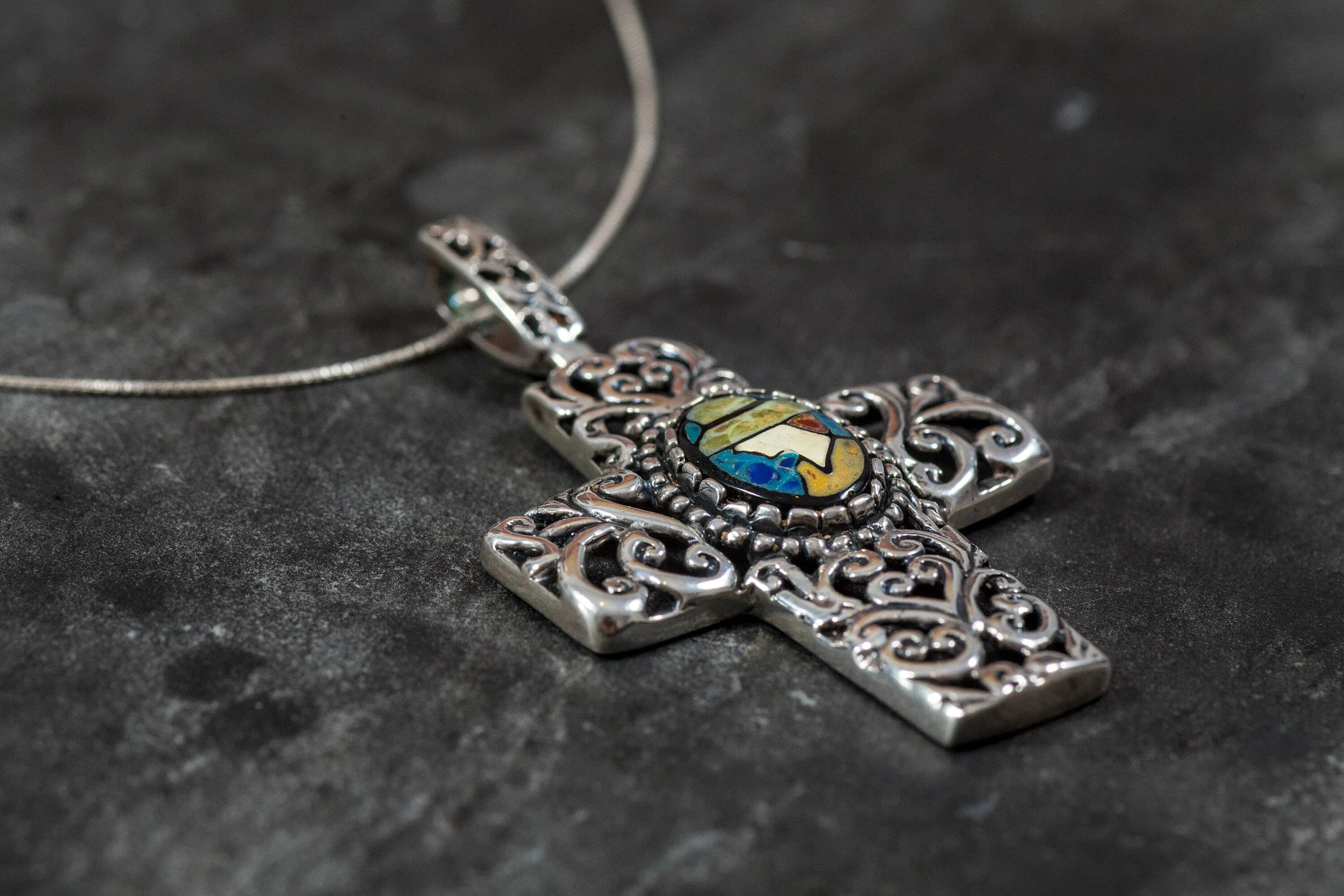 Mosaic Cross Pendant - Shell Pearl Necklace - Large Cross Necklace