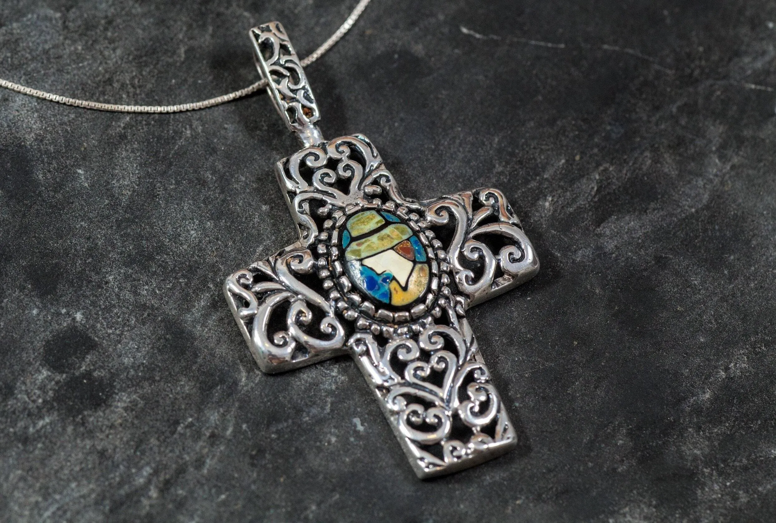 Mosaic Cross Pendant - Shell Pearl Necklace - Large Cross Necklace