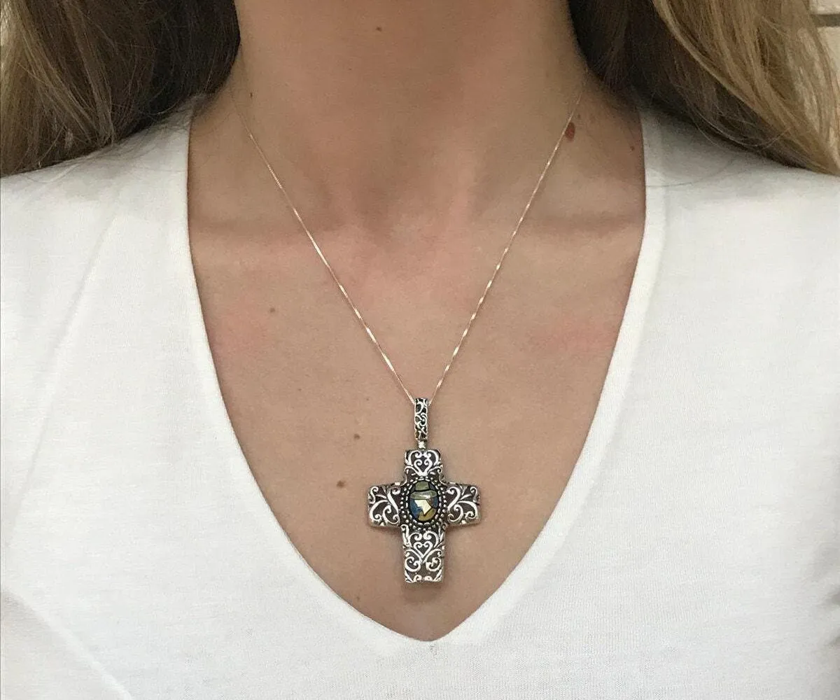 Mosaic Cross Pendant - Shell Pearl Necklace - Large Cross Necklace