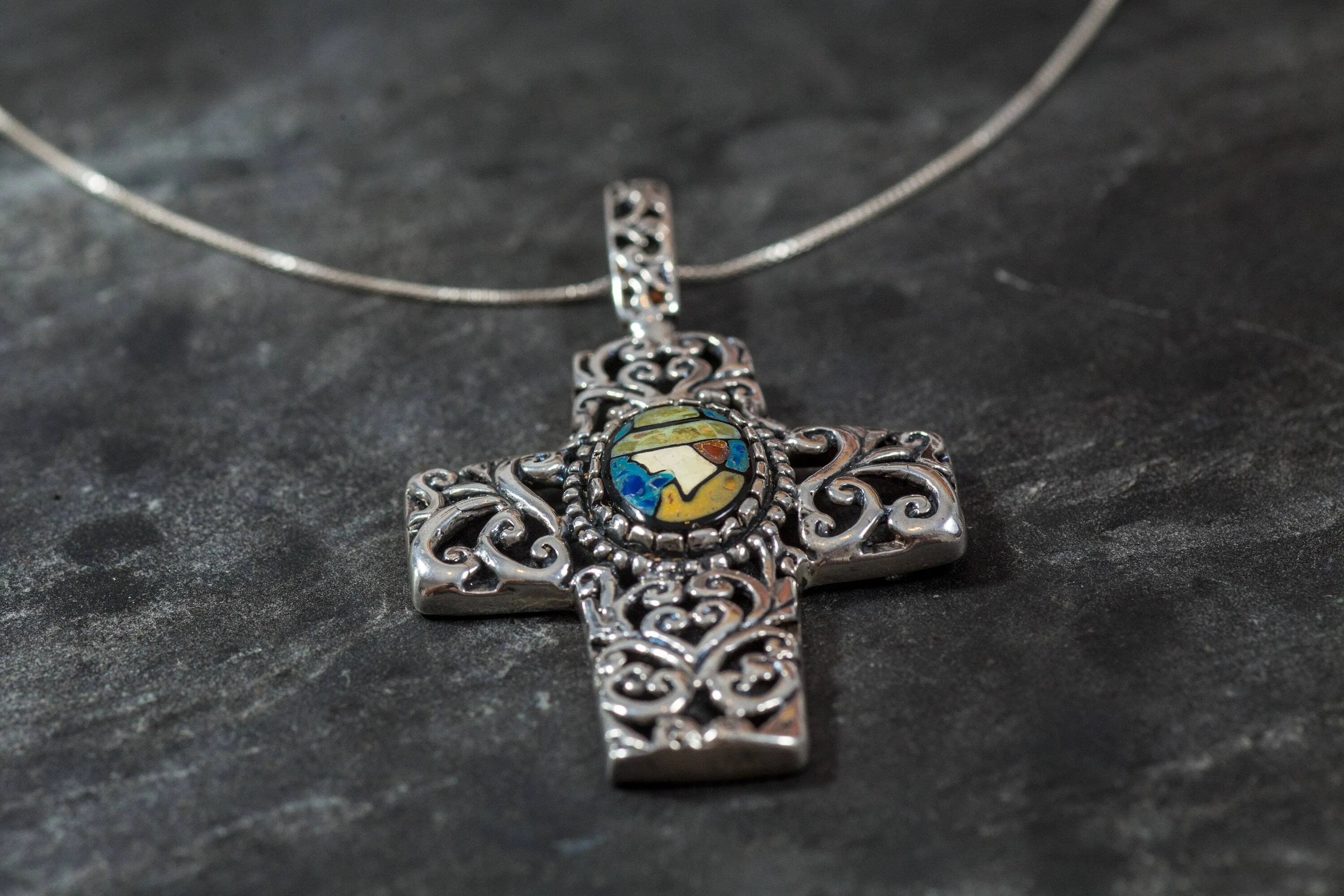 Mosaic Cross Pendant - Shell Pearl Necklace - Large Cross Necklace
