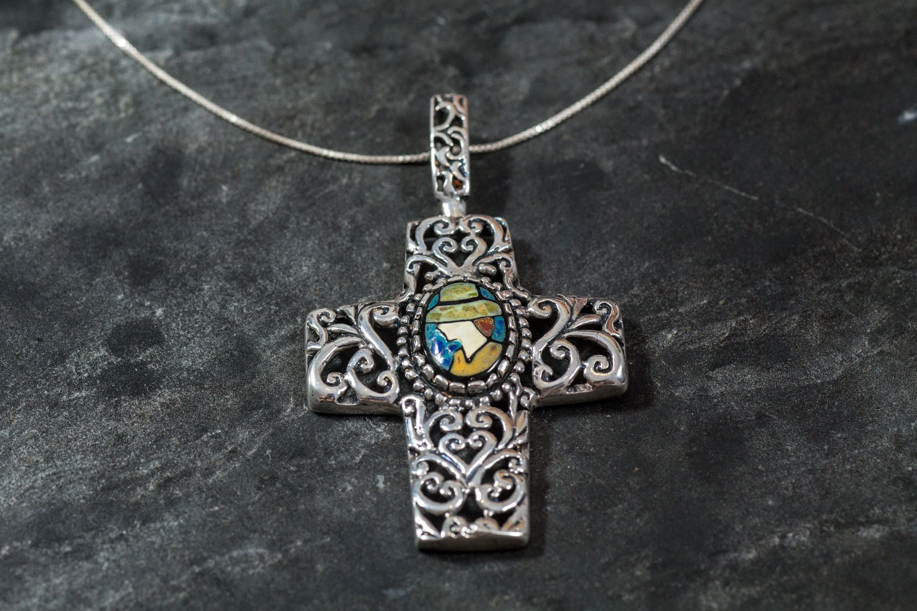 Mosaic Cross Pendant - Shell Pearl Necklace - Large Cross Necklace