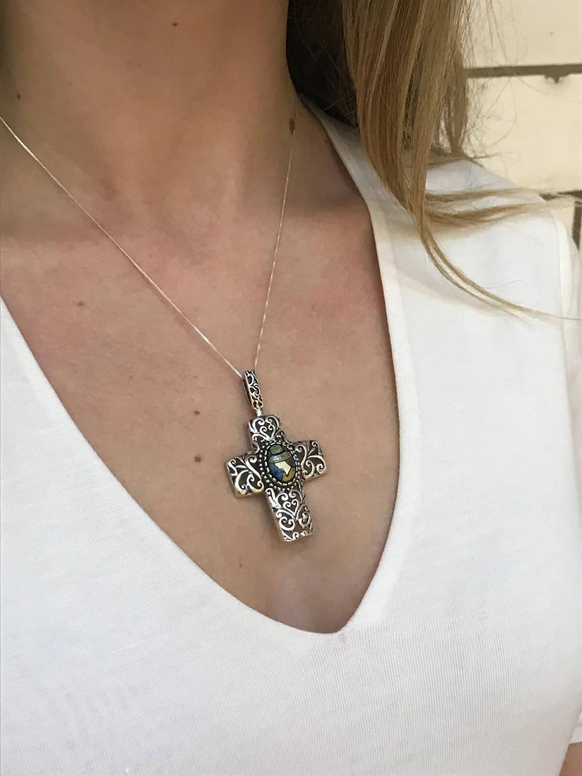 Mosaic Cross Pendant - Shell Pearl Necklace - Large Cross Necklace