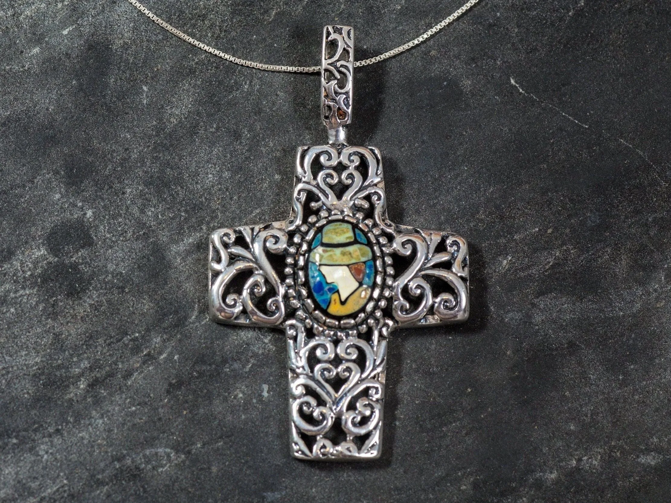 Mosaic Cross Pendant - Shell Pearl Necklace - Large Cross Necklace