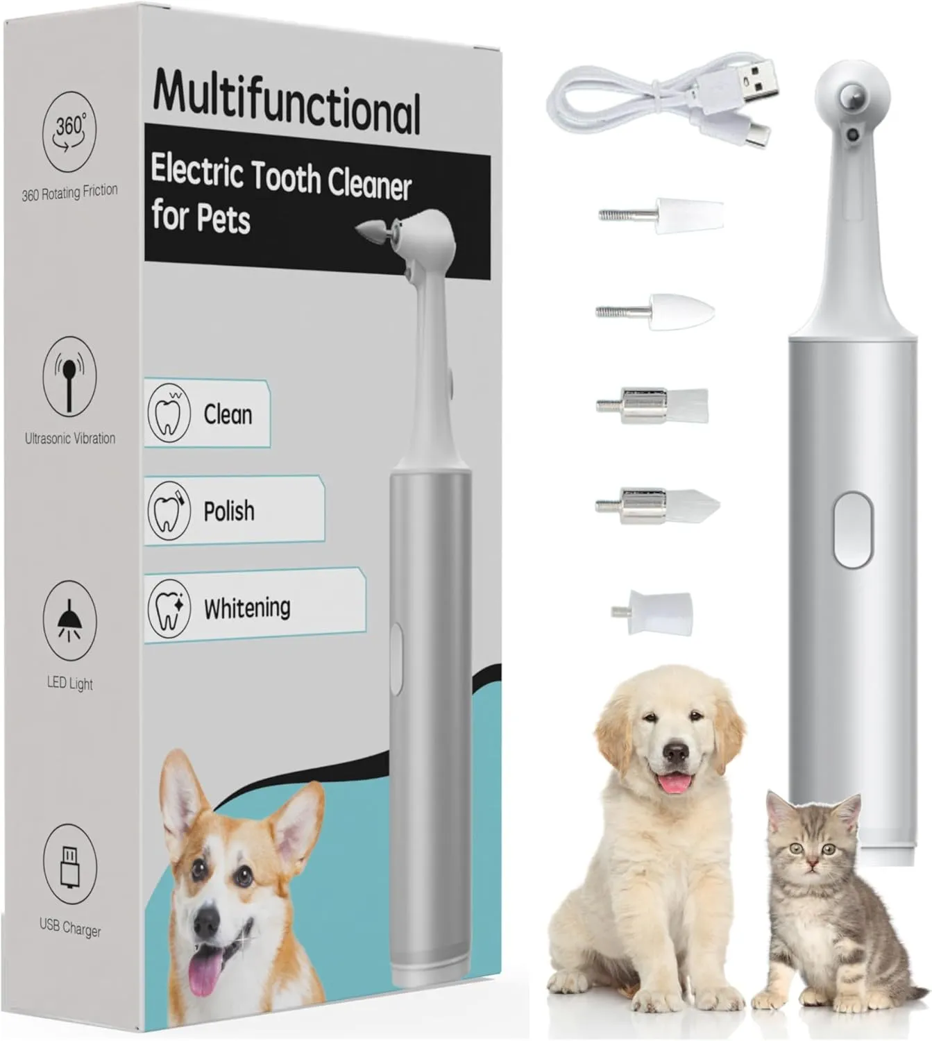Multifunctional Pet Electric Tooth Cleaning Tool for Dogs and Cats, 1 Count (Pack of 1), Silver