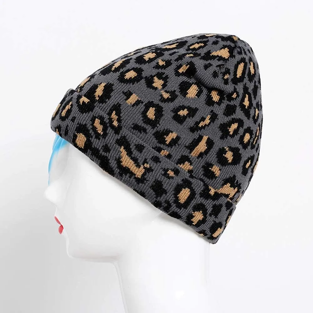 Newfancy Women Men Winter Hats Leopard Print Cuffed Beanie Double Layers Thick Knitted Soft Warm Slouchy Skull Ski Cap