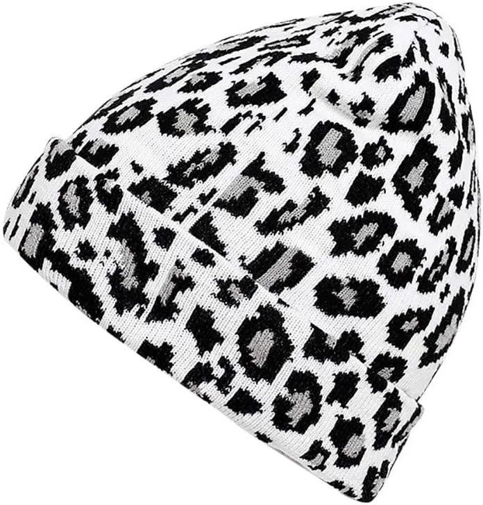 Newfancy Women Men Winter Hats Leopard Print Cuffed Beanie Double Layers Thick Knitted Soft Warm Slouchy Skull Ski Cap