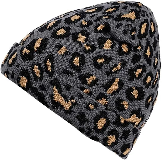 Newfancy Women Men Winter Hats Leopard Print Cuffed Beanie Double Layers Thick Knitted Soft Warm Slouchy Skull Ski Cap