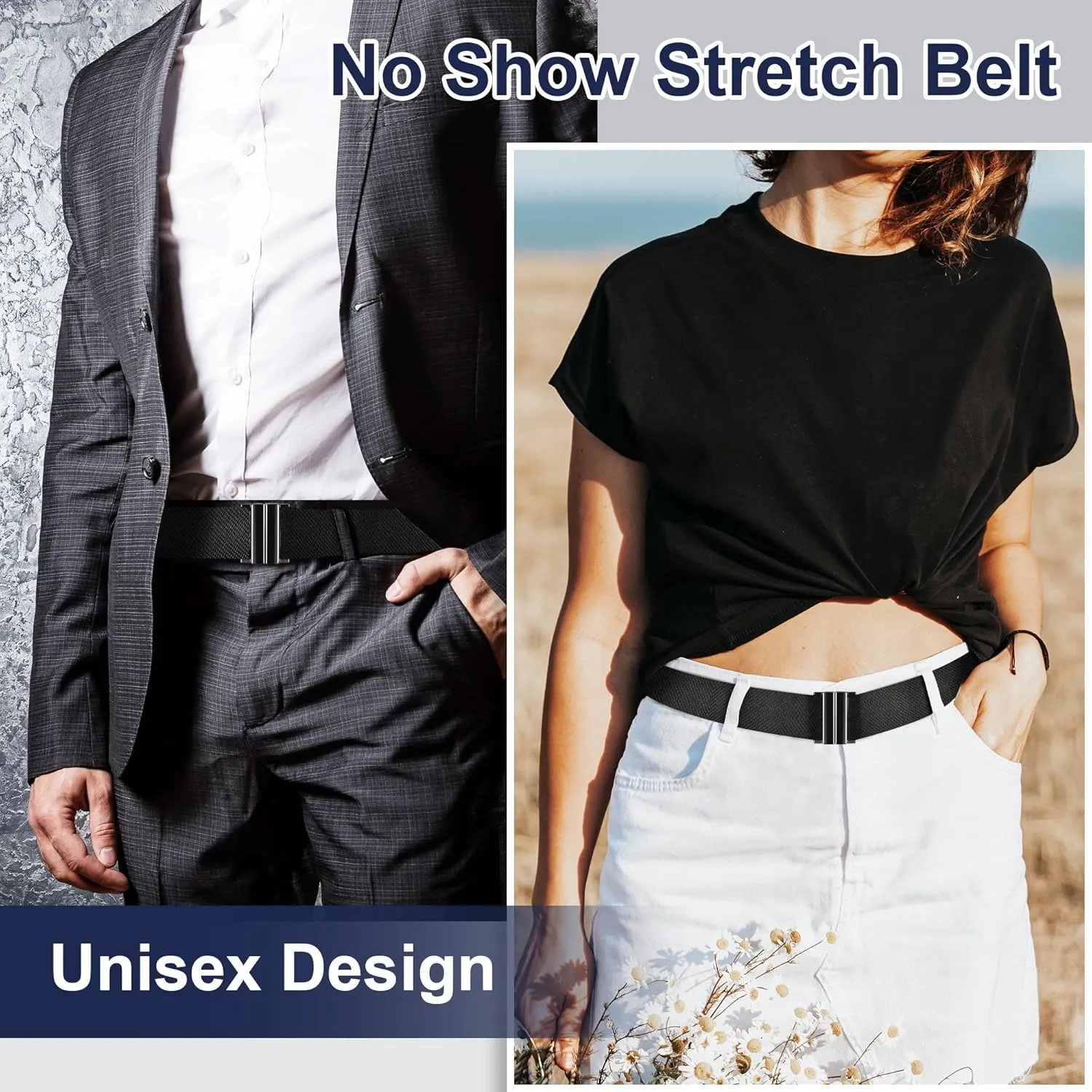 No Show Invisible Belt for Women/Men Elastic Web Strap Waist Stretch Belt with Flat Buckle for Jeans Pants Dresses