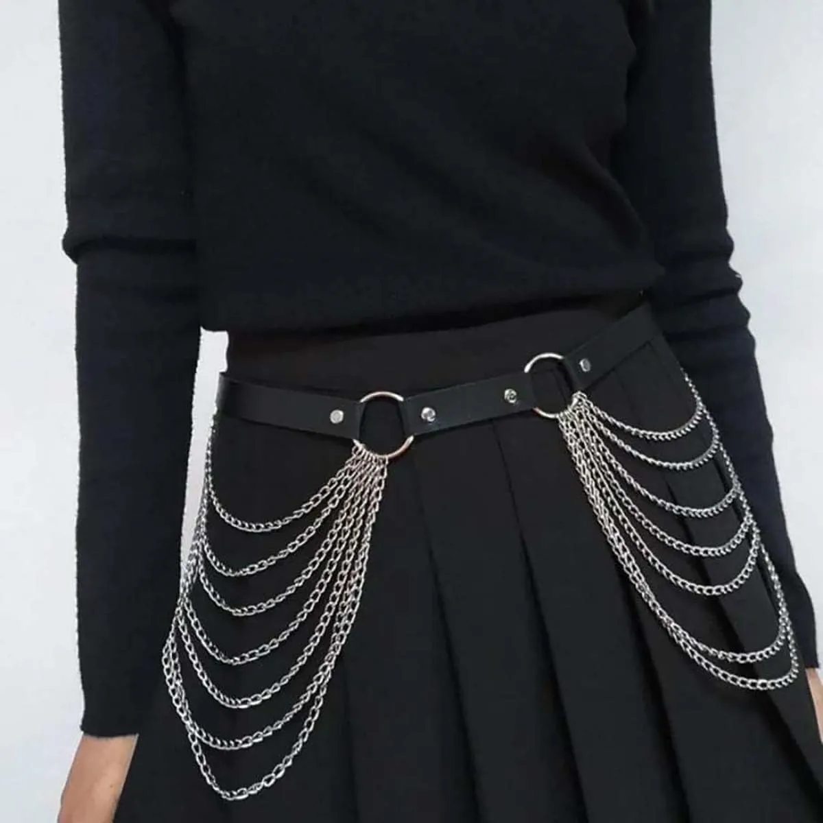 Punk Leather Belly Waist Chain Belt,Punk Sexy Gothic Jewelry Accessories Waist Chain Goth Belt Silver Layered Body Chains