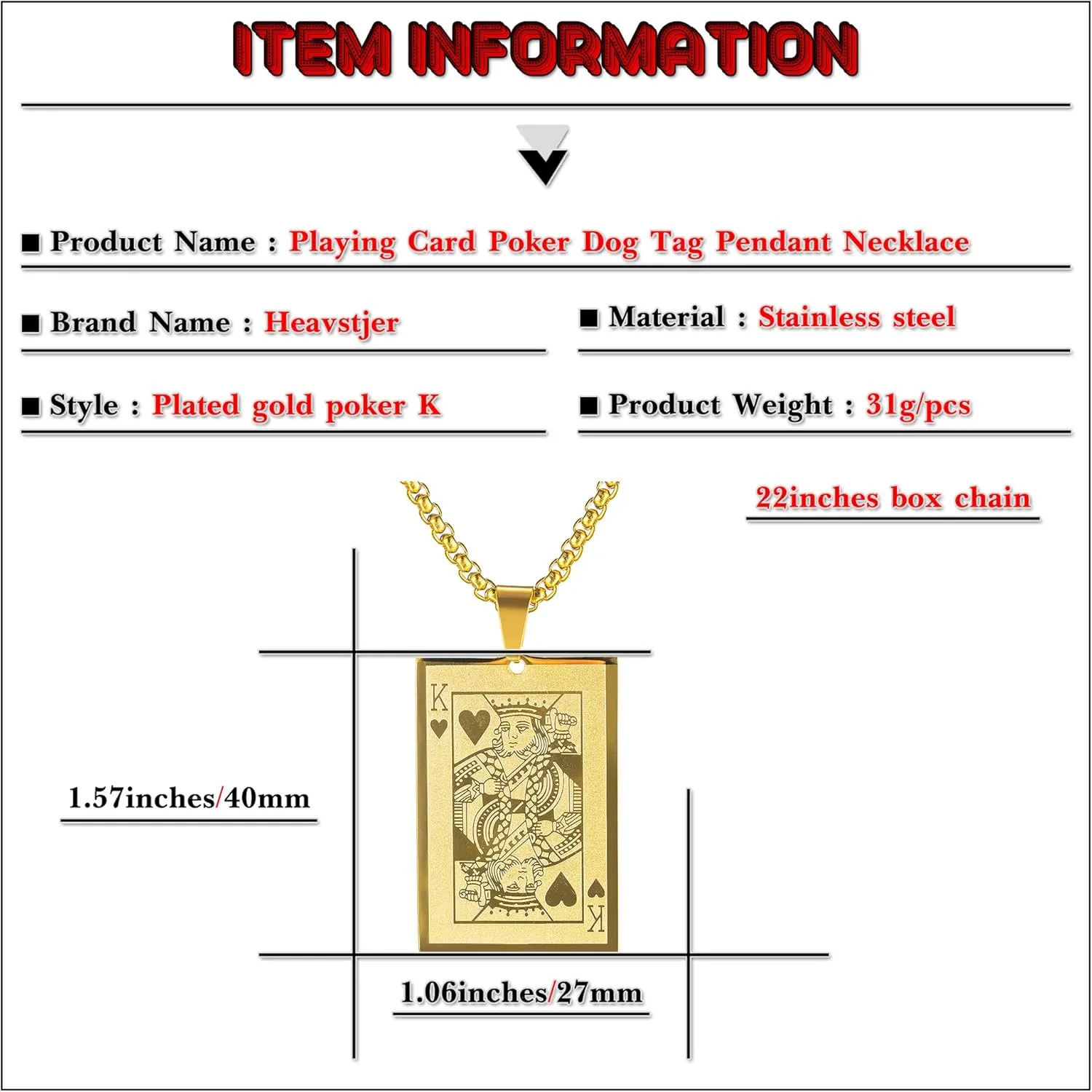 Punk Rock Stainless Steel Playing Card Poker Dog Tag Pendant Necklace