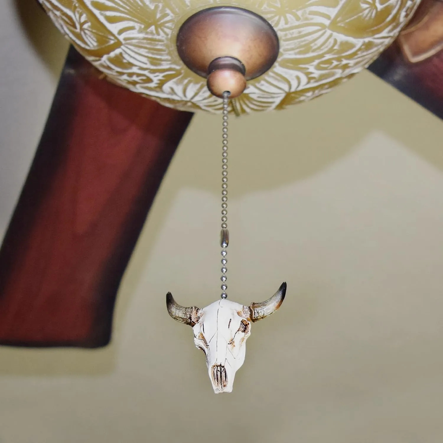 Rivers Edge Products 12" Ceiling Fan Pull Chain Extender, Pull String Extension for Light Fixture, Decorative Western Ornament, Room, House, or Cabin Decor, Steer Skull
