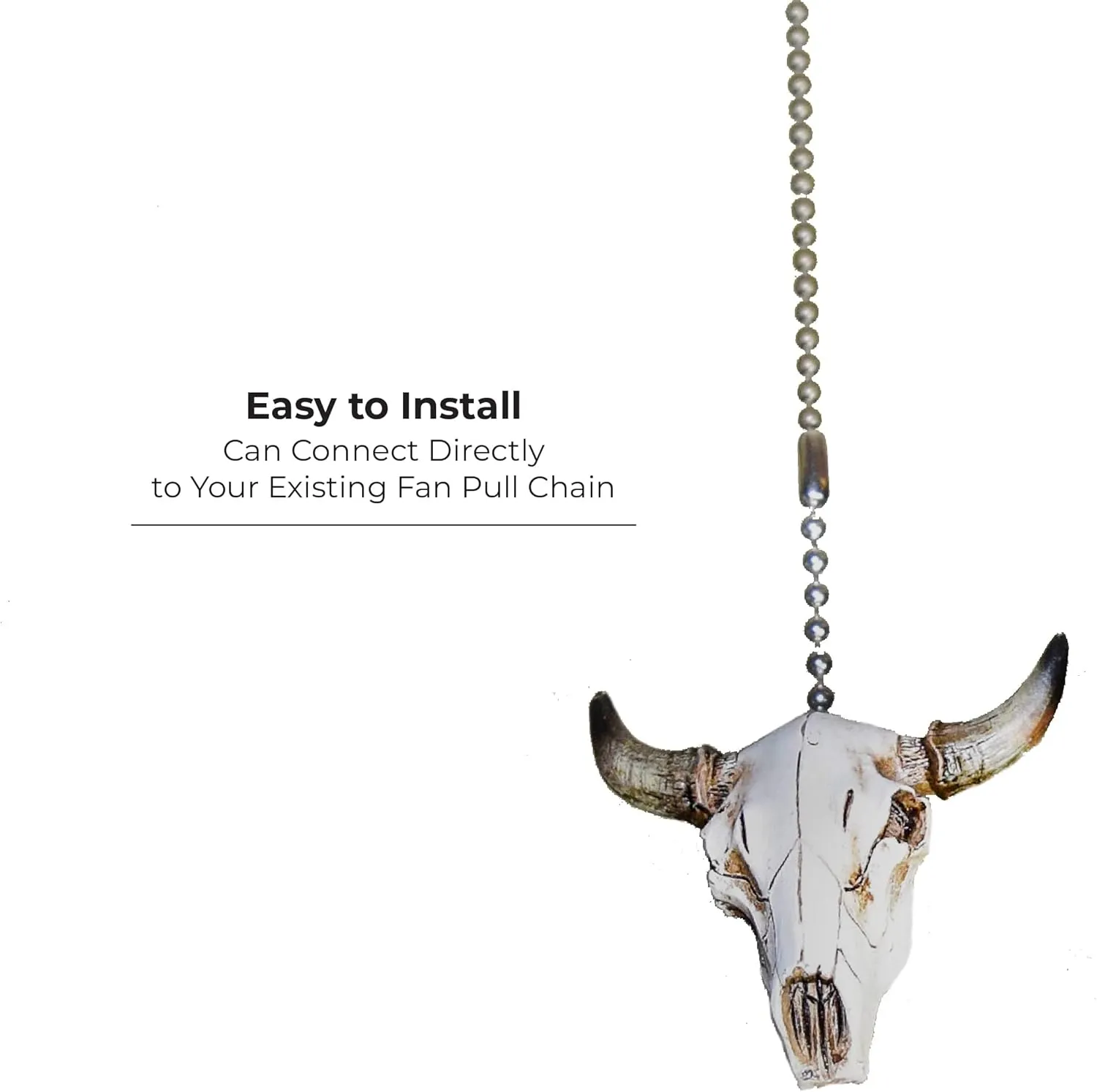 Rivers Edge Products 12" Ceiling Fan Pull Chain Extender, Pull String Extension for Light Fixture, Decorative Western Ornament, Room, House, or Cabin Decor, Steer Skull