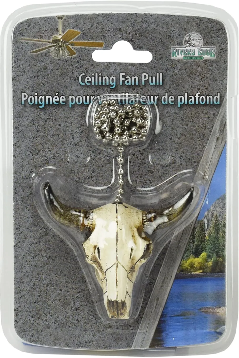 Rivers Edge Products 12" Ceiling Fan Pull Chain Extender, Pull String Extension for Light Fixture, Decorative Western Ornament, Room, House, or Cabin Decor, Steer Skull