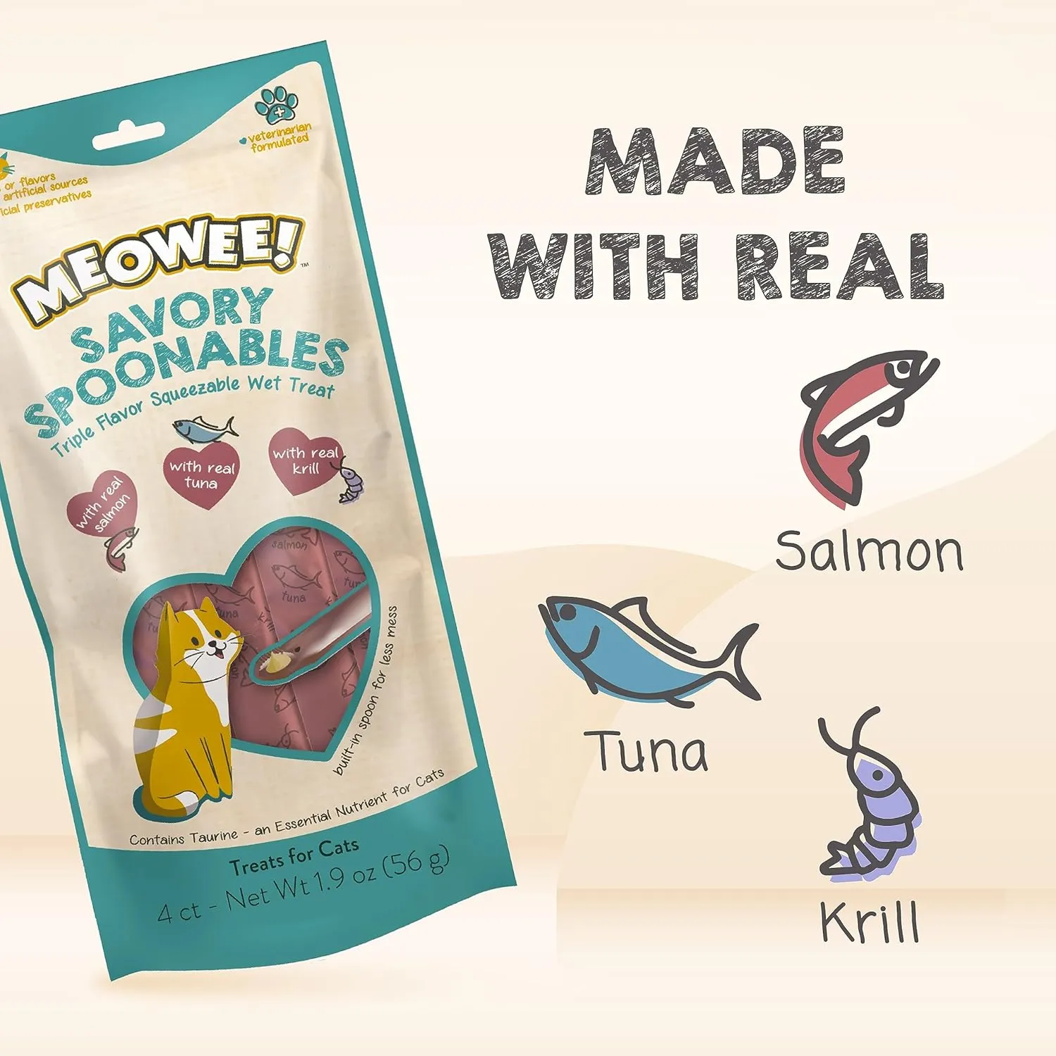Savory Spoonables with Real Salmon, Tuna and Krill for Cats, 4 Count, Treat Your Cat to Triple Flavor Squeezable Lickable Wet Treats with Built-in Spoon for Less Mess