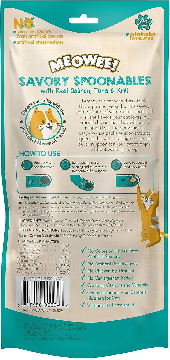 Savory Spoonables with Real Salmon, Tuna and Krill for Cats, 4 Count, Treat Your Cat to Triple Flavor Squeezable Lickable Wet Treats with Built-in Spoon for Less Mess