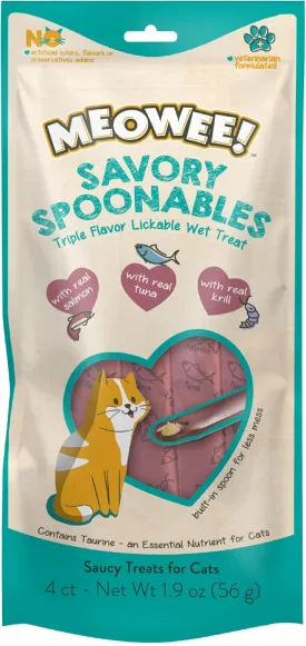 Savory Spoonables with Real Salmon, Tuna and Krill for Cats, 4 Count, Treat Your Cat to Triple Flavor Squeezable Lickable Wet Treats with Built-in Spoon for Less Mess