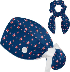 Scrub Caps Women, Adjustable Surgical Caps with Ponytail and Buttons, Bow Hair Scrunchy for Long Hair, 4th of July, Pentagram