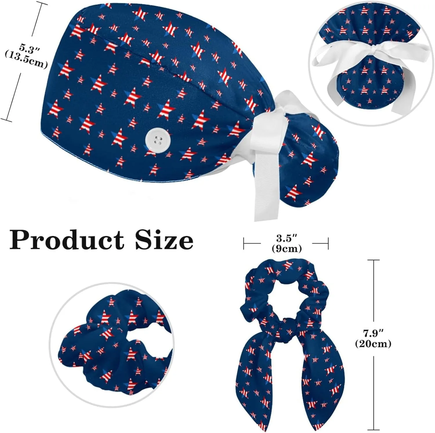 Scrub Caps Women, Adjustable Surgical Caps with Ponytail and Buttons, Bow Hair Scrunchy for Long Hair, 4th of July, Pentagram