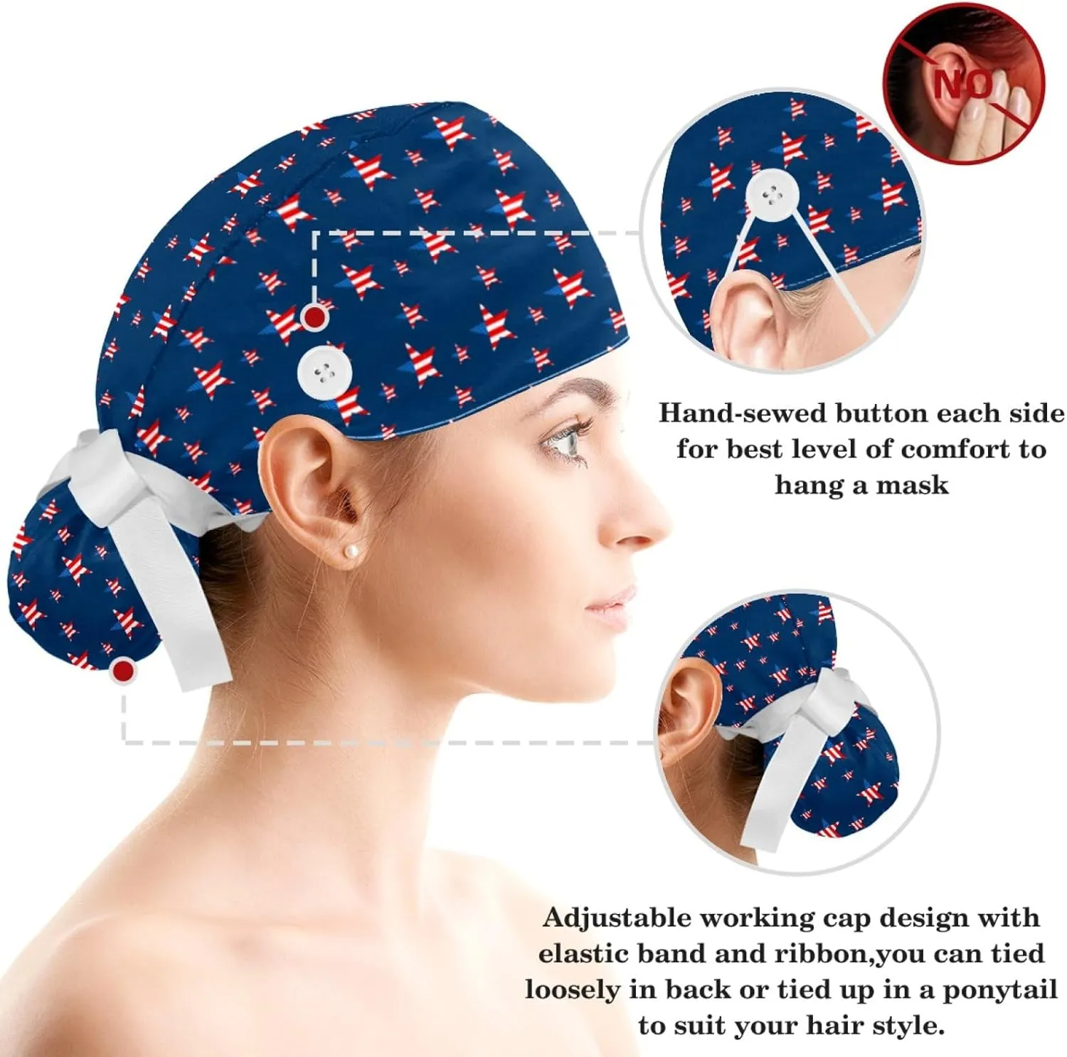 Scrub Caps Women, Adjustable Surgical Caps with Ponytail and Buttons, Bow Hair Scrunchy for Long Hair, 4th of July, Pentagram