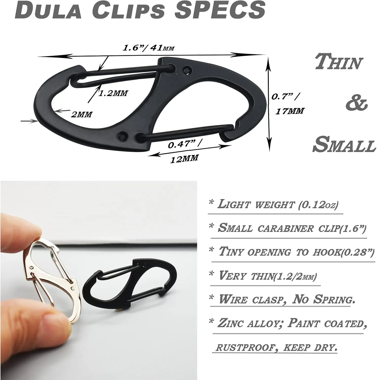 Small Carabiner Clips 1.6 inch(41mm) Metal Double Sided Spring Gate Snap Hooks Keychain Clasp Accessories