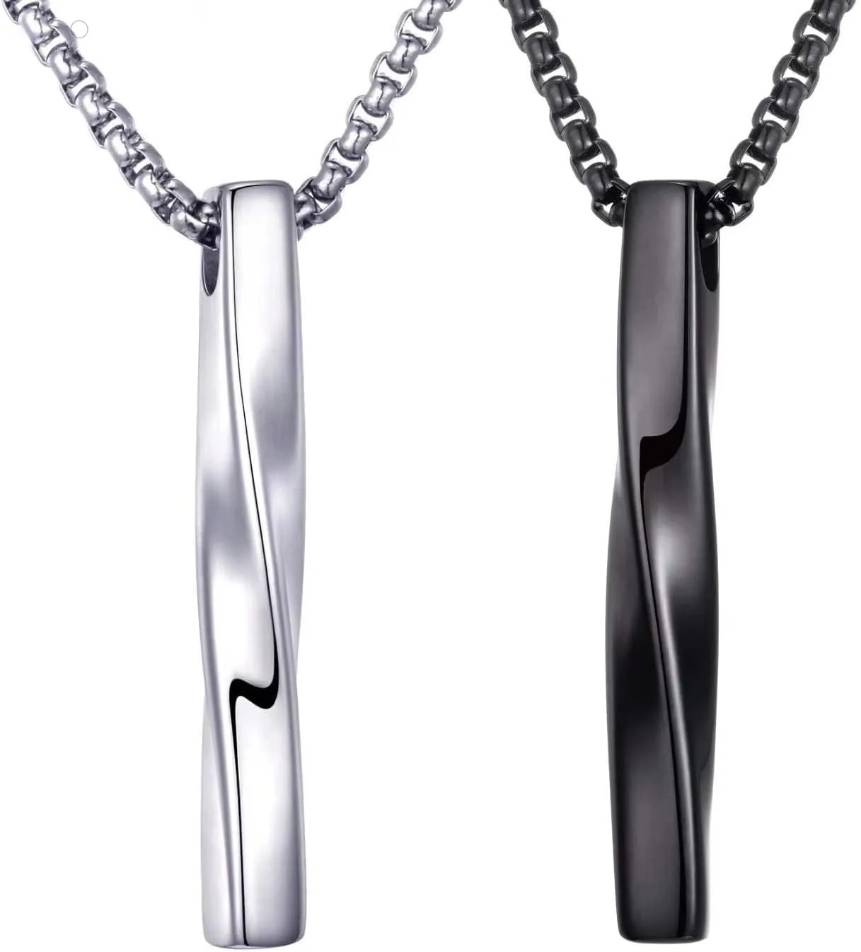 Stainless Steel Pendant Necklace for Men and Women, Unisex Twisted Cube Bar Pendant with Link Chain (Couple Set-24" Chain)